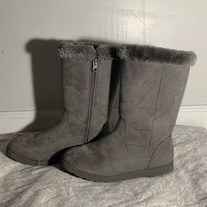 Tall grey fluffy boots
